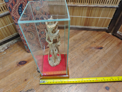 Vintage Thai Wooden Devata Statue in Case Hand Carved Temple Figure