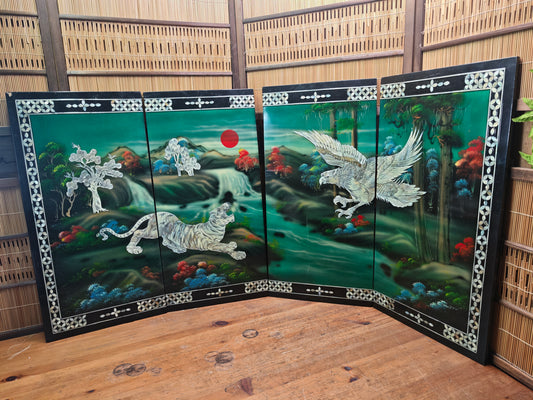Vintage Tiger Eagle Folding Screen MOP Inlay Lacquer 4 Panel Asian Art Decor